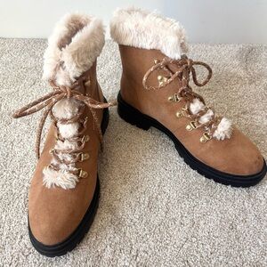 J. Crew Brown Tan Suede Winter Hiking Combat Boots Faux Fur Lace Up Outdoor